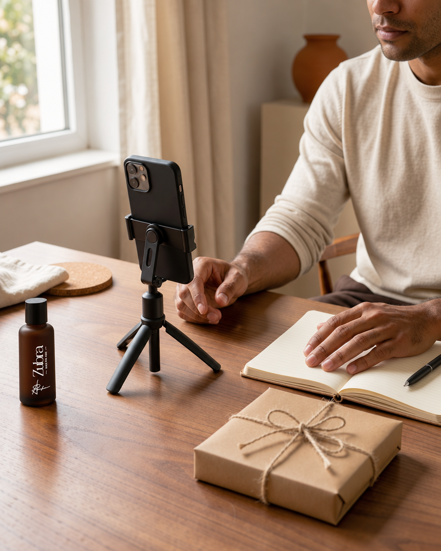 A creator filming a short video at a walnut desk, a ZubraCore4 bottle beside him